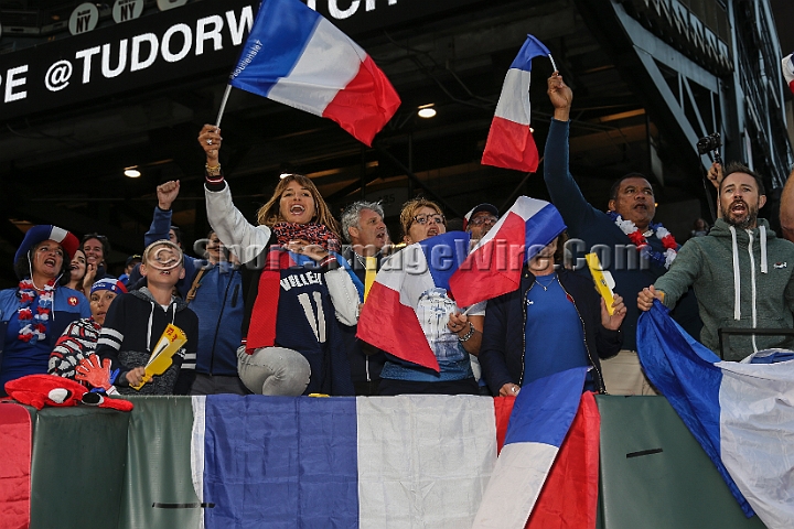 2018RugbySevensSat-48.JPG - French fans celebrate before the match against New Zealand in the women's championship finals of the 2018 Rugby World Cup Sevens, Saturday, July 21, 2018, at AT&T Park, San Francisco. New Zealand defeated France 29-0. (Spencer Allen/IOS via AP)